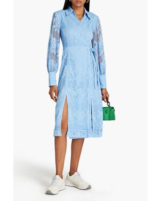 Ganni Blue Corded Lace And Crochet Midi Wrap Dress