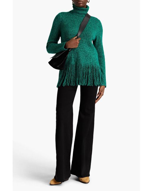 Zimmermann Green Fringed Ribbed Cashmere And Merino Wool-blend Turtleneck Sweater