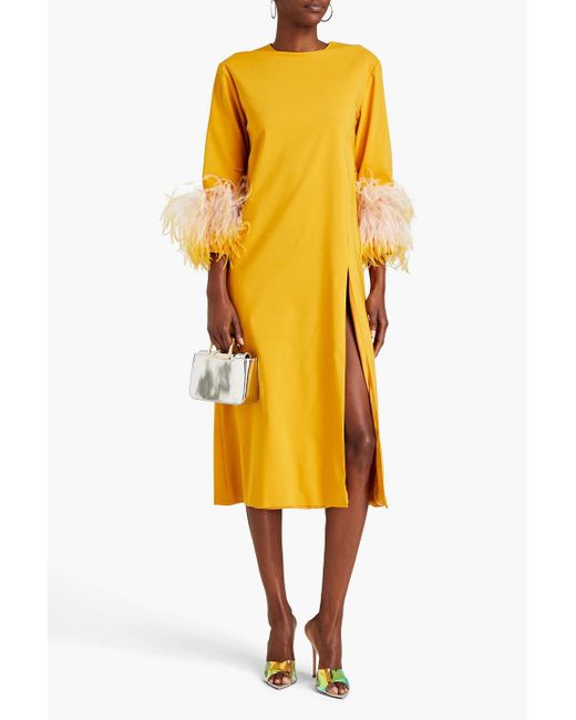 16Arlington Yellow Billie Feather-embellished Cotton-blend Midi Dress