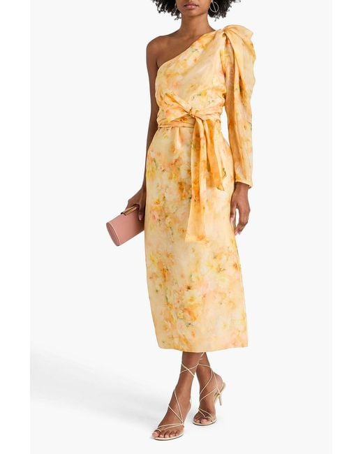 Zimmermann Metallic One-Shoulder Floral-Print Linen And Silk-Blend Gauze Midi Dress
