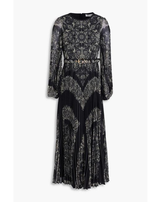 Zimmermann Black Belted Printed Crepe De Chine Midi Dress