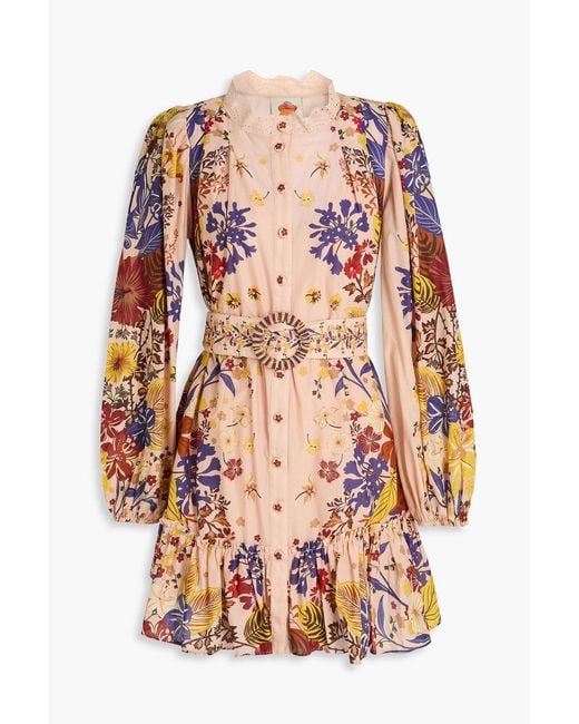 Farm Rio Pink Belted Floral-Print Cotton Mini Dress