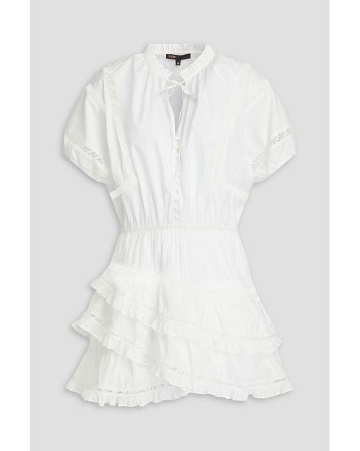 Maje White Ruffled Guipure Lace-Trimmed Cotton And Swiss-Dot Mini Dress