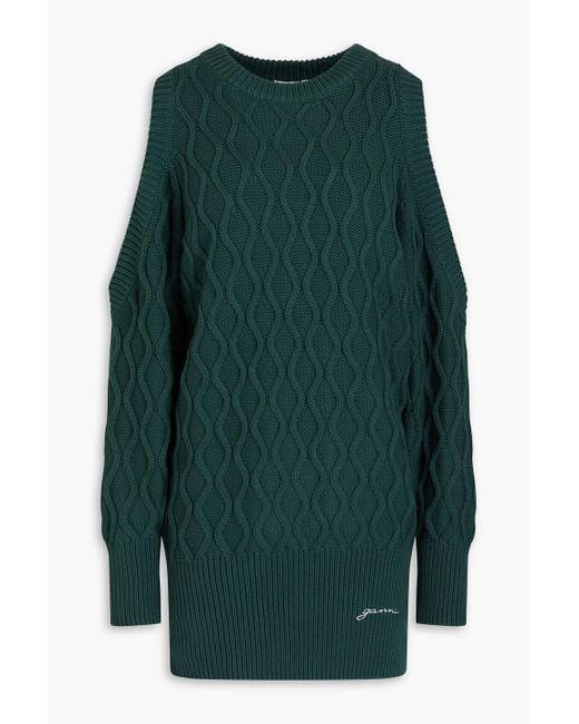 Ganni Green Cold-shoulder Cable-knit Cotton Sweater