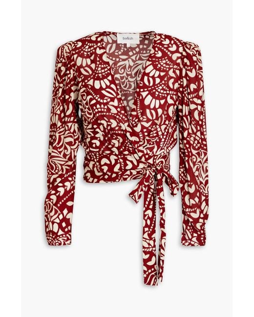Ba&sh Red Cropped Pleated Printed Crepe De Chine Wrap Blouse