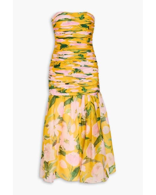 Carolina Herrera Yellow Strapless Ruched Floral-print Silk-chiffon Midi Dress