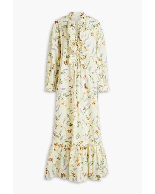 Meadows Metallic Lavender Gathered Floral-print Organic Cotton-poplin Maxi Dress