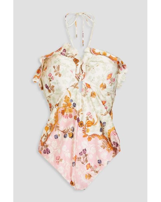 Zimmermann White Ruffled Floral-print Halterneck Swimsuit