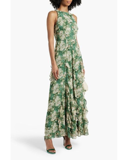 Mikael Aghal Green Ruffled Floral-print Chiffon Maxi Dress