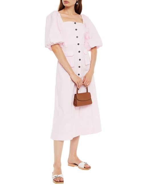 Ganni Gathered Cotton-blend Midi Dress 
