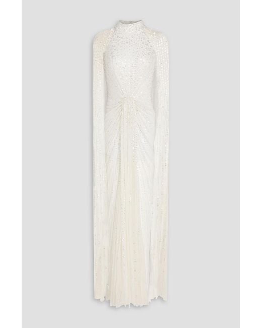 Jenny Packham White Cairo Cape-Effect Embellished Tulle Gown