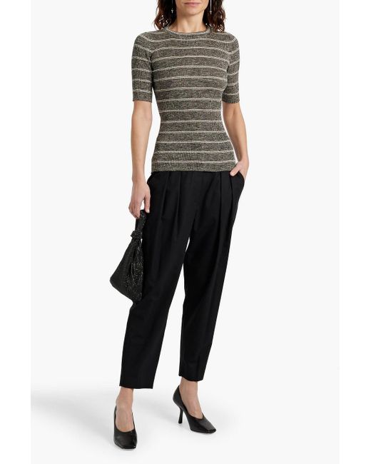 Brunello Cucinelli Gray Metallic Striped Ribbed-Knit Top