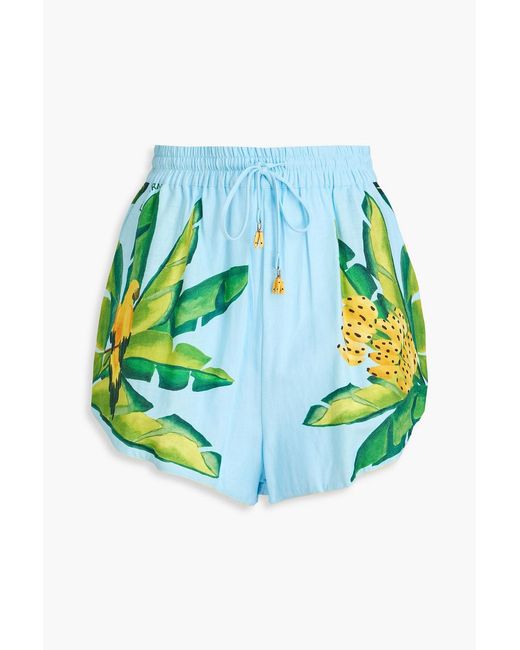 Farm Rio Blue Printed Linen-blend Shorts
