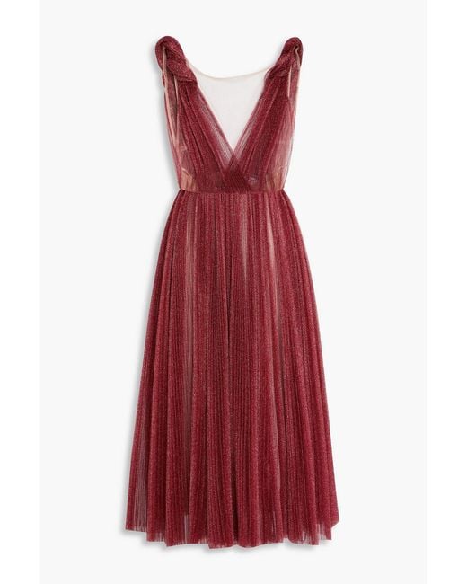 Dolce & Gabbana Red Metallic Plissé-Tulle Midi Dress