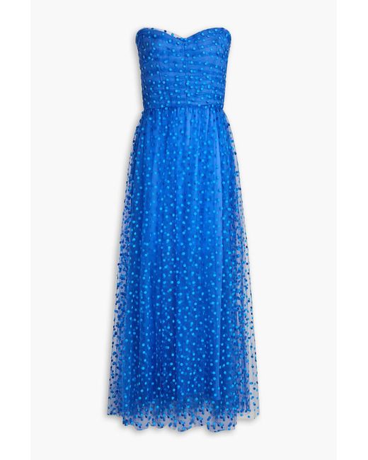 Monique Lhuillier Blue Strapless Appliquéd Polka-dot Tulle Midi Dress