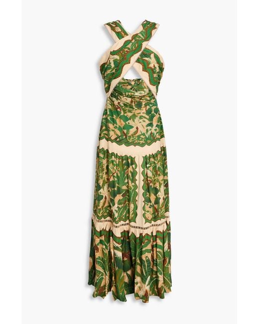 Farm Rio Green Cutout Printed Linen-blend Maxi Dress