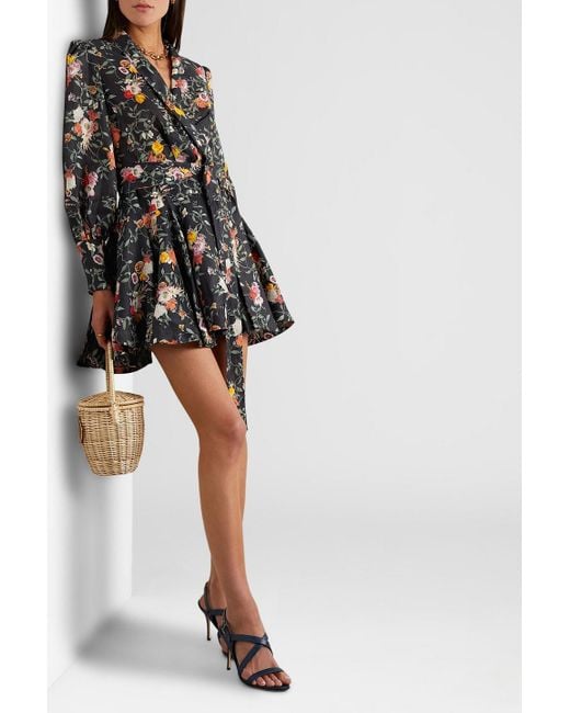 Zimmermann Gray Floral-print Linen Mini Wrap Dress