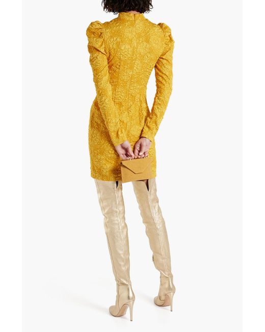 ONE33 SOCIAL Yellow Cutout Gathered Floral-jacquard Mini Dress