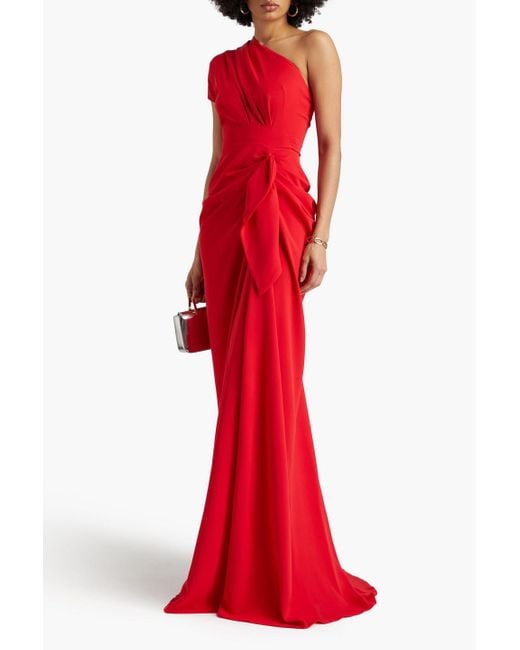 Rhea Costa Red One-shoulder Draped Crepe Gown
