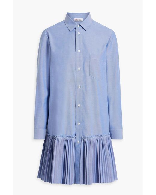RED Valentino Blue Pleated Cotton-blend Oxford Mini Shirt Dress
