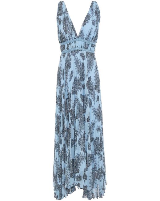 Sandro Blue Beathe Asymmetric Pleated Printed Georgette Midi Dress