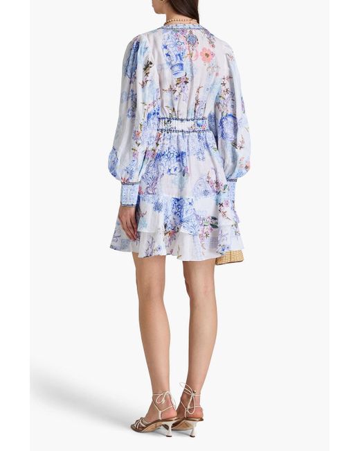 Camilla Blue Gestuftes minikleid aus leinen mit print und kristallverzierung