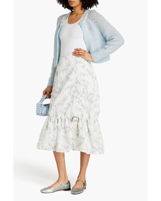 Simone Rocha White Buckle-detailed Ruffled Floral-print Taffeta Midi Skirt