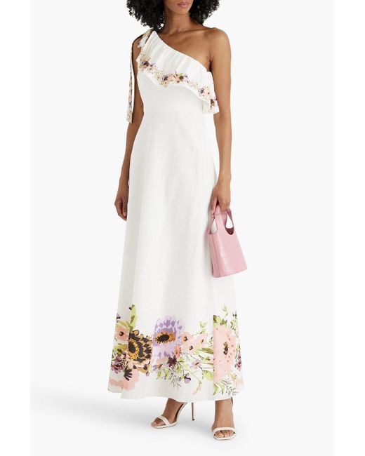 Mikael Aghal White One-shoulder Floral-print Cotton And Linen-blend Maxi Dress