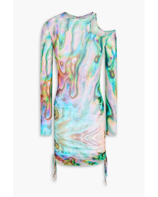 David Koma Blue Cutout Printed Stretch-Mesh Mini Dress