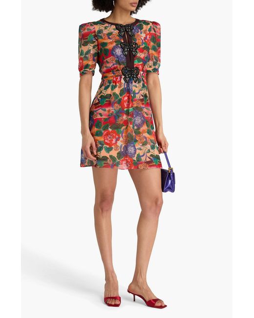 Saloni Red Jamie Embellished Floral-Print Silk-Georgette Mini Dress