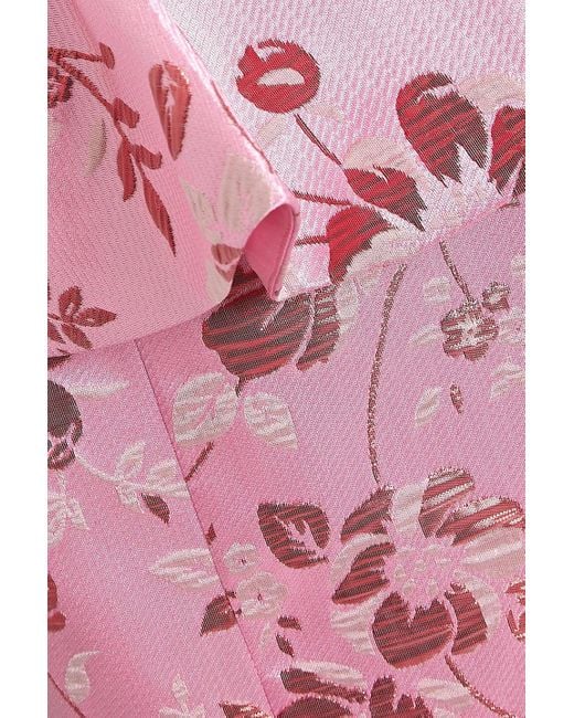 Marchesa Pink Strapless Metallic Brocade Peplum Gown