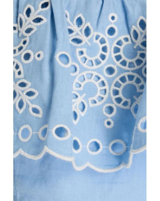 Sandro Blue Cold-Shoulder Cropped Broderie Anglaise Linen-Blend Top