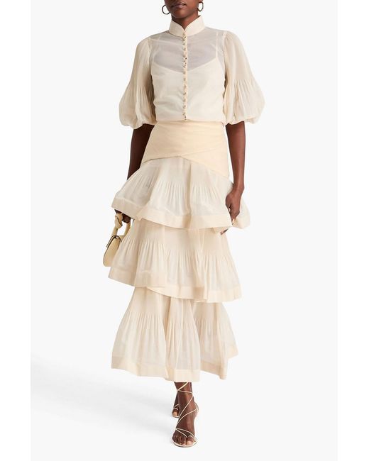 Zimmermann Natural Tiered Plissé-Organza Maxi Skirt