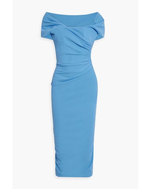 Rhea Costa Blue Chiara Off-the-shoulder Draped Crepe Midi Dress