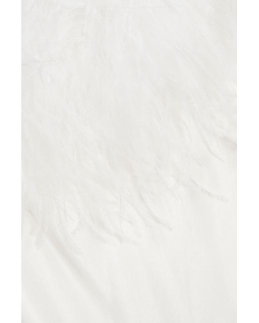 Sleeper White Boheme Feather-trimmed Satin Midi Slip Dress