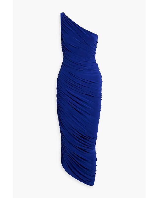 Norma Kamali Blue Diana One-Shoulder Ruched Stretch-Jersey Maxi Dress