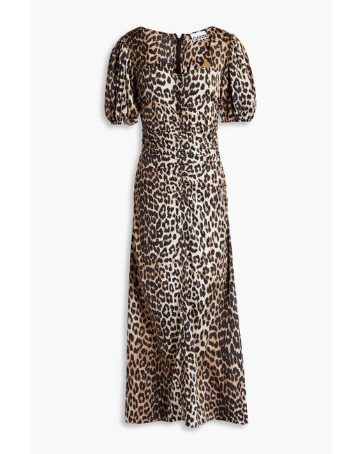 Ganni Multicolor Ruched Leopard-print Silk-blend Satin Midi Dress