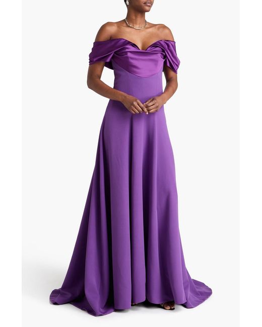 Rhea Costa Purple Kylie Off-the-shoulder Satin-trimmed Crepe Gown