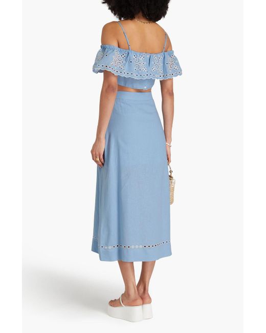 Sandro Blue Broderie Anglaise Linen-Blend Midi Skirt