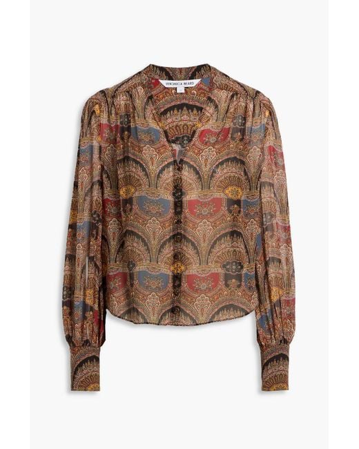 Veronica Beard Brown Esmeralda Printed Silk Crepe De Chine Top