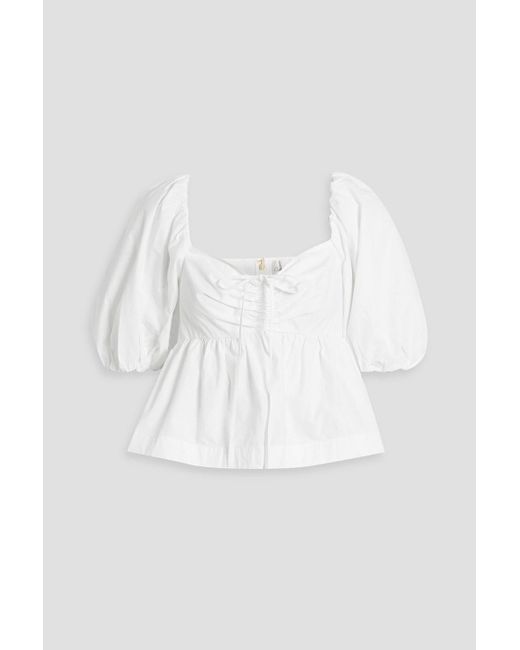 Cara Cara White Pippa Bow-detailed Ruched Cotton-poplin Top