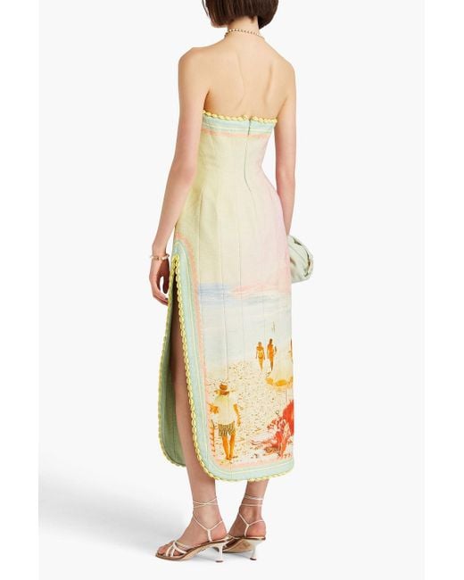 Zimmermann White Strapless Shell-embellished Printed Cotton And Linen-blend Midi Dress