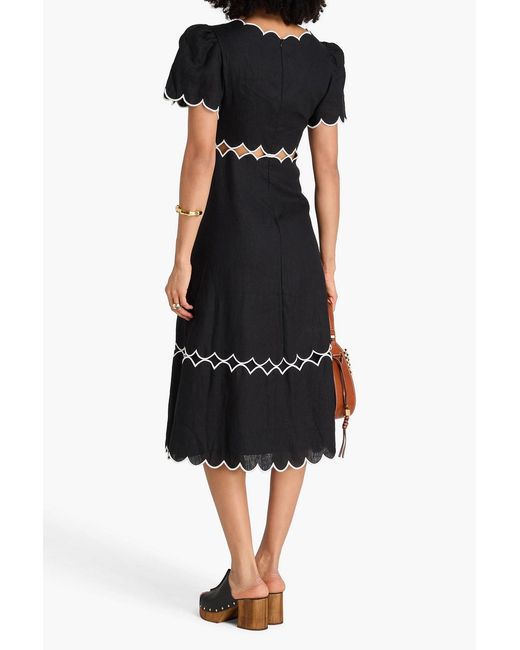 Farm Rio Black Embroidered Linen Midi Dress