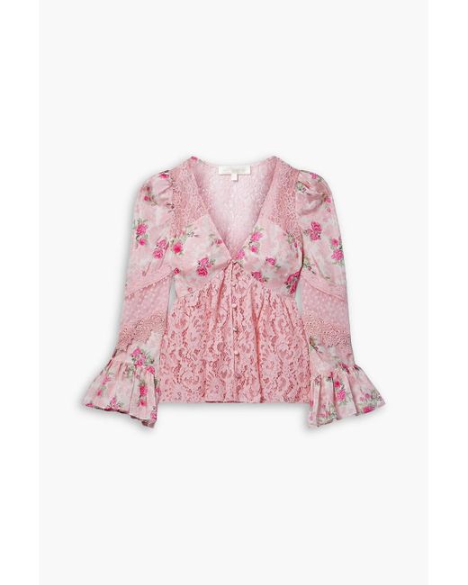 LoveShackFancy Pink Priema Embroidered Tulle, Lace And Crochet-trimmed Floral-print Silk-satin Top