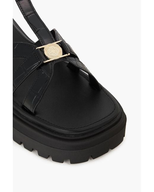 Maje Black Embellished Croc-Effect Leather Sandals