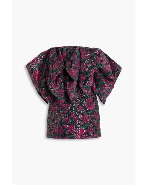 ROTATE BIRGER CHRISTENSEN Purple Floral-print Sequined Tulle Strapless Mini Dress