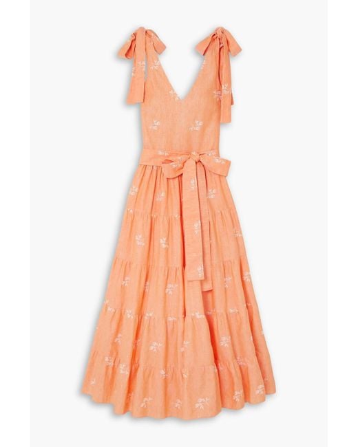 Erdem Orange Yesenia Bow-Detailed Tiered Embroidered Cotton-Blend Gauze Midi Dress