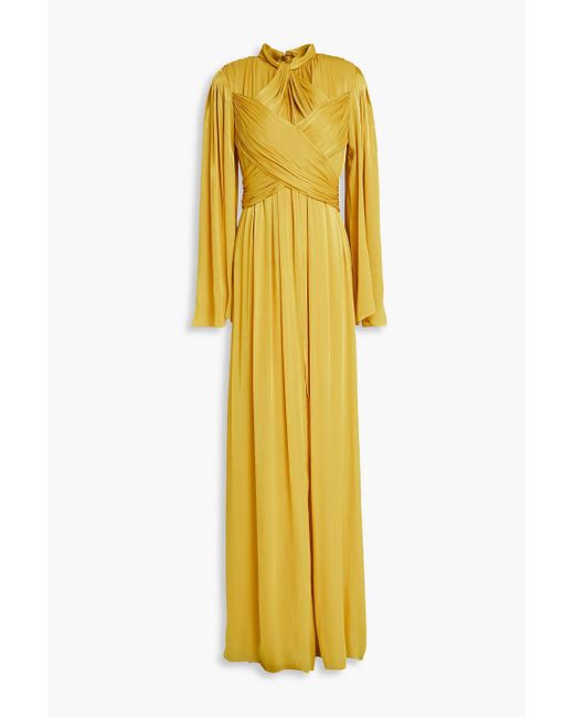 Costarellos Yellow Josie drapierte robe aus georgette mit metallic-effekt