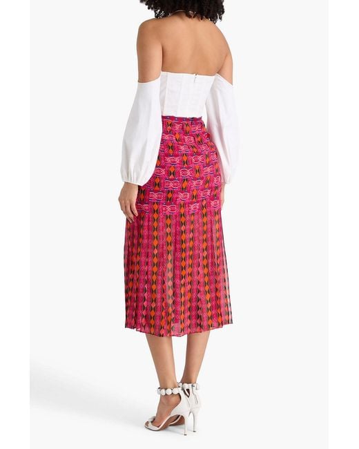 Saloni Red Diana Fringed Printed Silk-georgette Midi Skirt