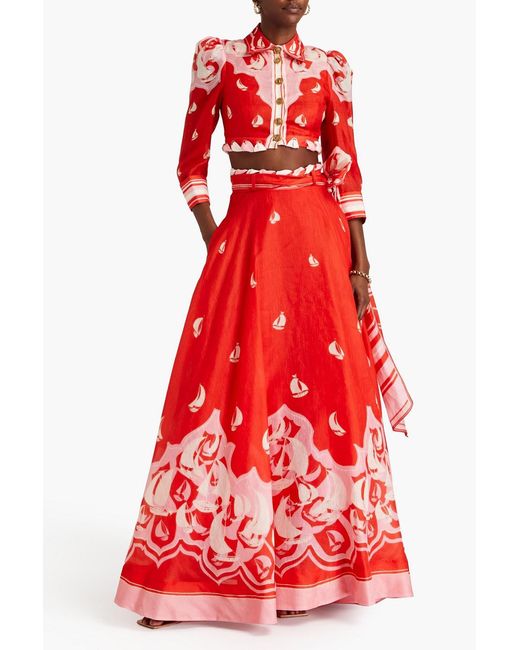 Zimmermann Red Cropped Printed Linen And Silk-Blend Shirt